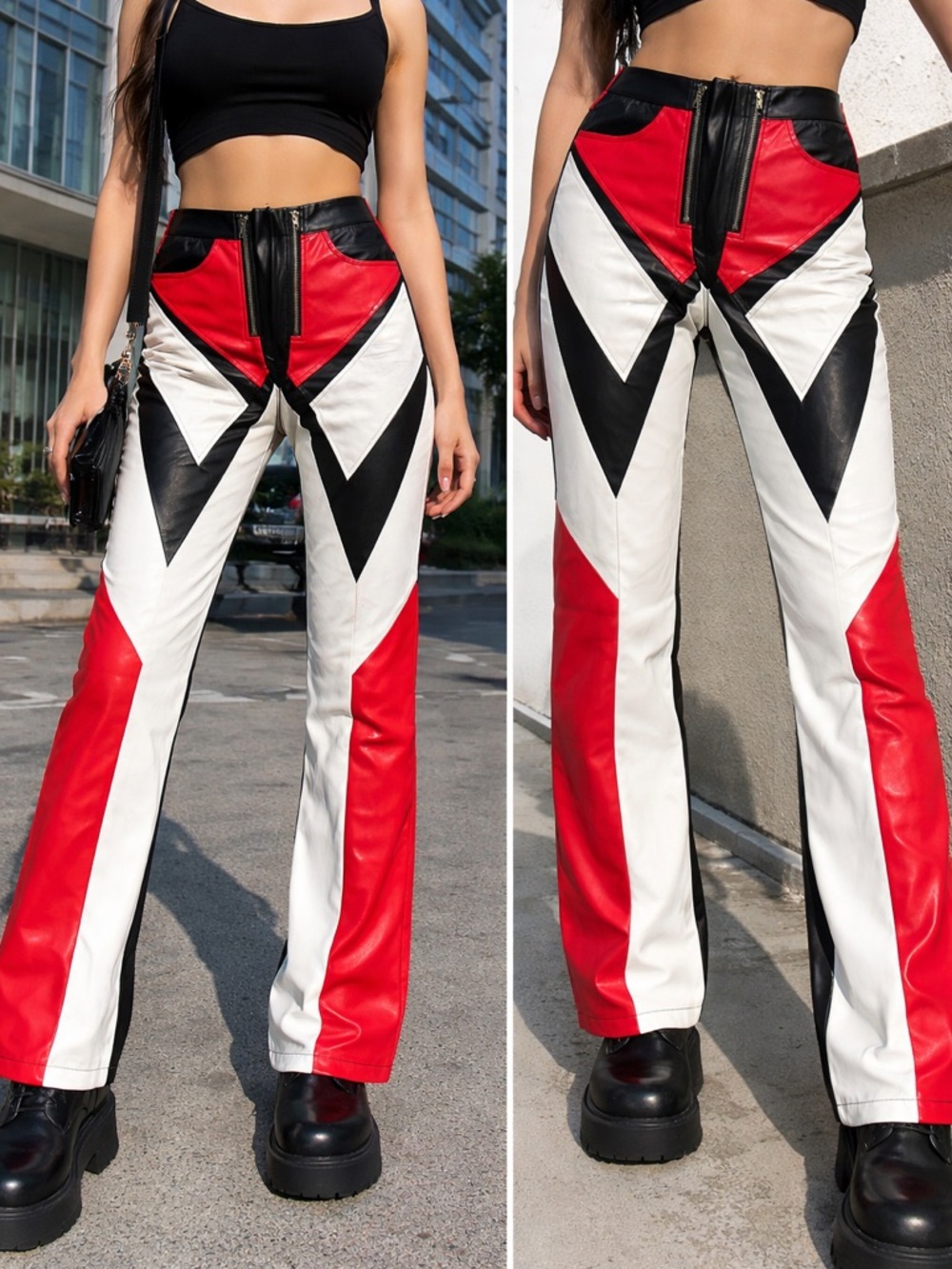 Colorblock Faux Leather Flared Pants - Red/White/Black